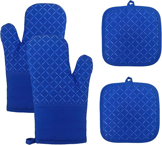 Oven Mitts and Pan Racks 4-Piece Set, Extended Kitchen Oven Mitts and Pan Racks, Heat Resistant 500 F, Silicone Non-Slip Surface for Baking and Cooking (Blue)