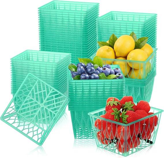 100 Pcs Plastic Berry Baskets Pint Green Open Weave Strawberry | Farmers Market Display, Grocery Store Packaging, Cherry Lemon Storage, Garden Harvest Baskets, Open Weave Ventilation Design
