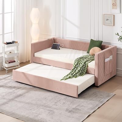Upholstered Daybed with Trundle, USB Charging Port & Side Pockets, Modern V-Grained Backrest, No Box Spring Needed, for Bedroom & Guest Room,PinkVelvetModern22