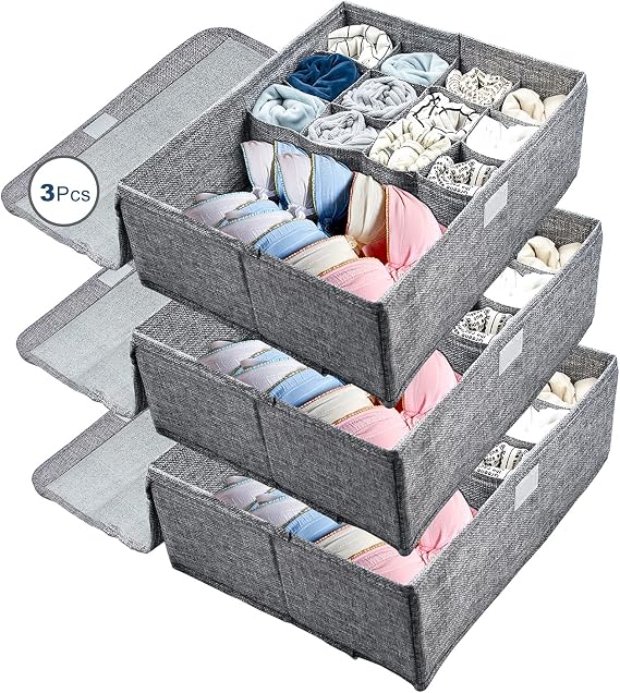3Pcs Closet Underwear Organizer Storage Box with Lid, Collapsible Dustproof Linen Cabinet Drawer Dividers Organizers, Washable Storage Boxes for Clothes Socks Lingerie Ties Scarves (A)