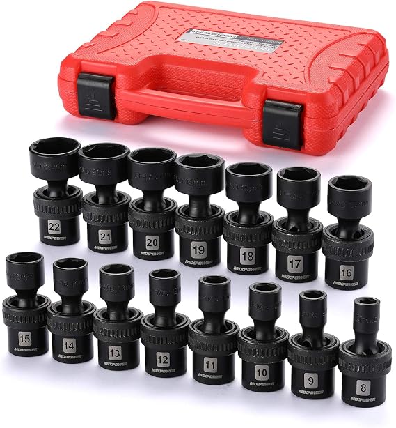 MIXPOWER 15-piece 3/8" Drive Shallow Universal Impact Socket Set, 6 Point, Metric, 8-22mm, CR-MO, Swivel Socket With Flexible Wobble...