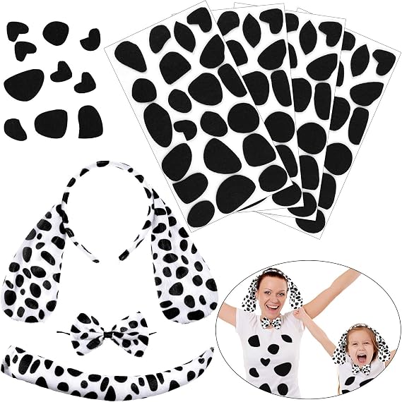 Halloween Dalmatian Dog Costume Set, Ears Bow Tie Tail with Felt Pads