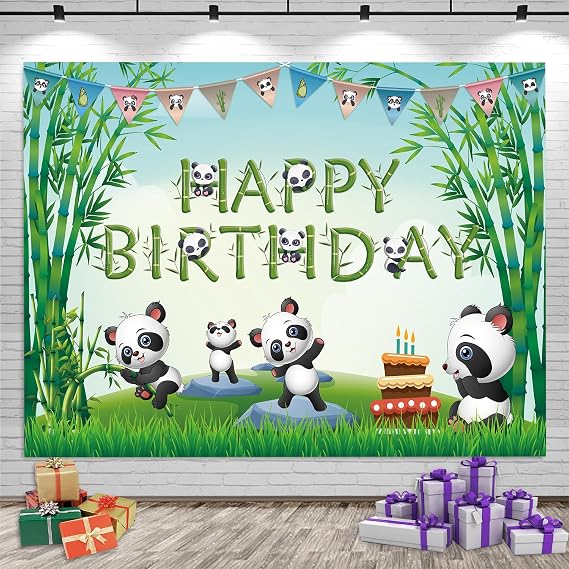 Cartoon Panda Happy Birthday Backdrop Green Bamboo Cute Kitten Theme Baby Shower Photo Banner Decoration for Children Newborn Party Decorations Cake Table Deco Supplies 7x5ft