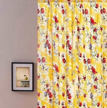 DaDa Bedding Radiant Sunshine Yellow Floral Window Curtain Panels - Natural Semi Sheer Hummingbirds Farmhouse Red Flowers Straight Tailored Edge - 54 x 84