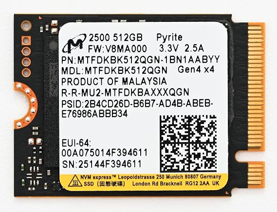 Micron 512GB 2500 M.2 2230 PCIe Gen 4.0x4 NVMe SSD Up to 6600 MB/s Compatible with Steam Deck Surface Ally Mini PCs Laptops