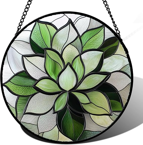 Stained Glass Window Hanging - Green Lotus Suncatcher for Door Garden Succulent Plant Sun Catchers Decor Mother's St. Patrick's Day Birthday for Women Mom Nana Grandma 6.3 in