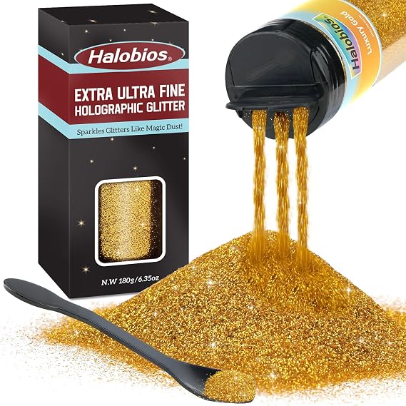 Halobios Extra Fine Glitter, Holographic Luxury Gold Glitter, 6.35oz(180g) Ultra Fine Craft Glitters, 1/128" Resin Glitter Powder for Hair Body, Nails, Arts and DIY Crafts Decoration
