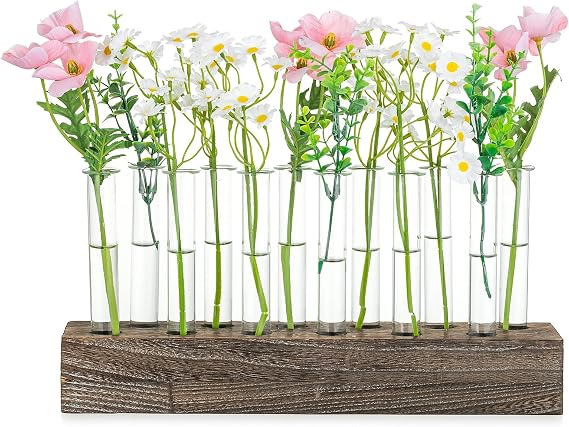 NUPTIO Vase Wedding Centerpiece, 15" Long Wood Base and 12 Pcs Test Tube | Glass Bud Vases, for Dining Table, Home Decor, Gifts, for Plant Lovers