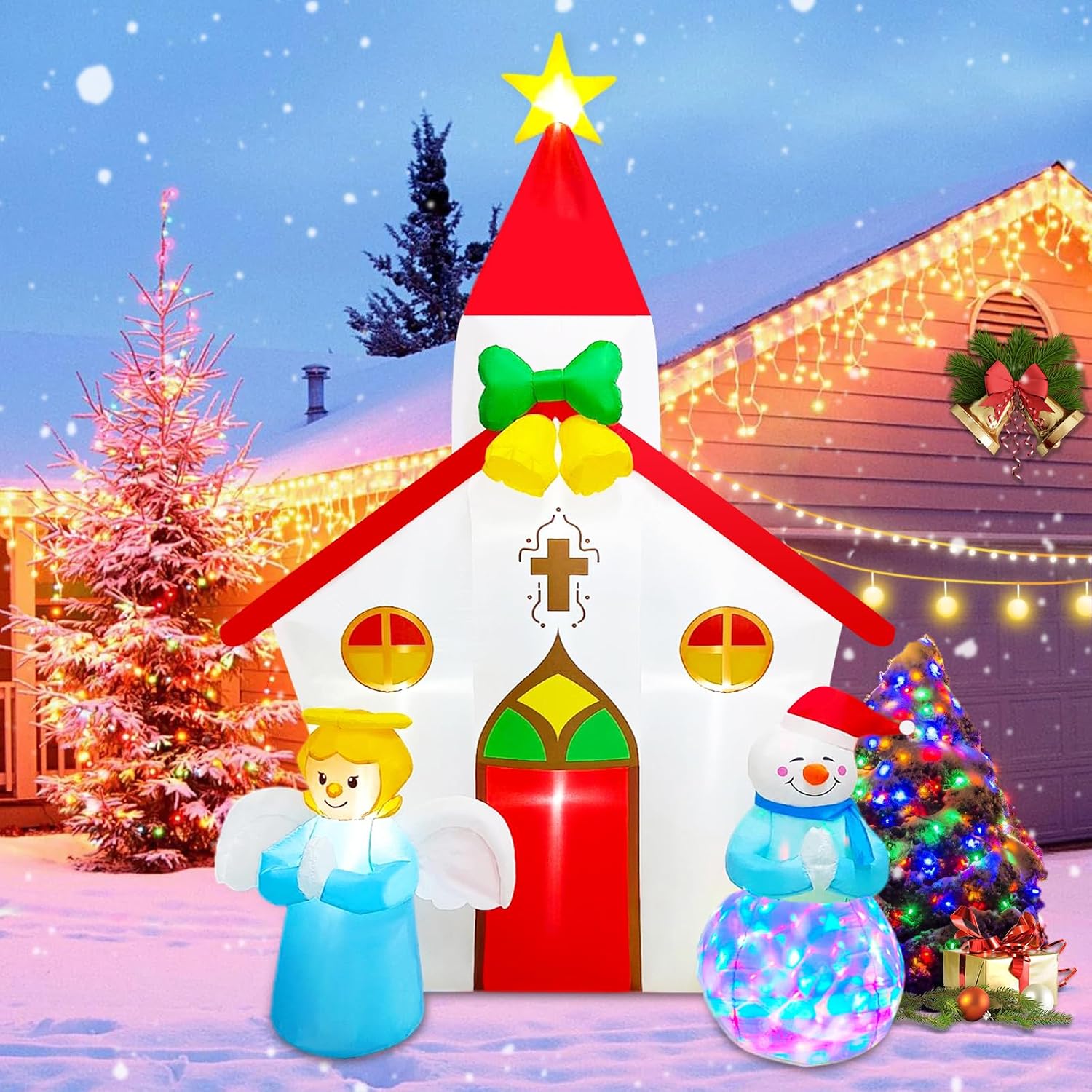 10FT Christmas Inflatable Nativity Scene, Outdoor Decoration, Church, Snowman, Angel, Christian Christmas Blow up Religious Nativity Scene Decorations, White, Blue, Multicolor LED Lights