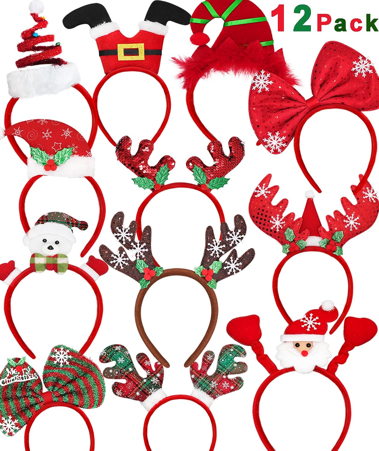 MNKXL 12PCS Christmas Headbands for Adults Bulk,Xmas Headwear Party Favors for Women,Santa Hat Headband