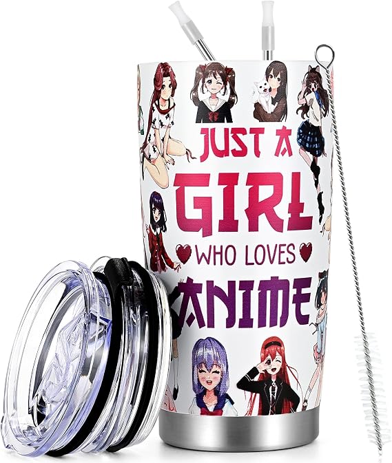Qtencas Anime Gifts for Women, Just A Girl Who Really Loves Anime Travel Tumbler, Birthday Christmas Gifts for Anime Lovers Girls, Sister, Friends, Stainless Steel Travel Tumblers, 20oz