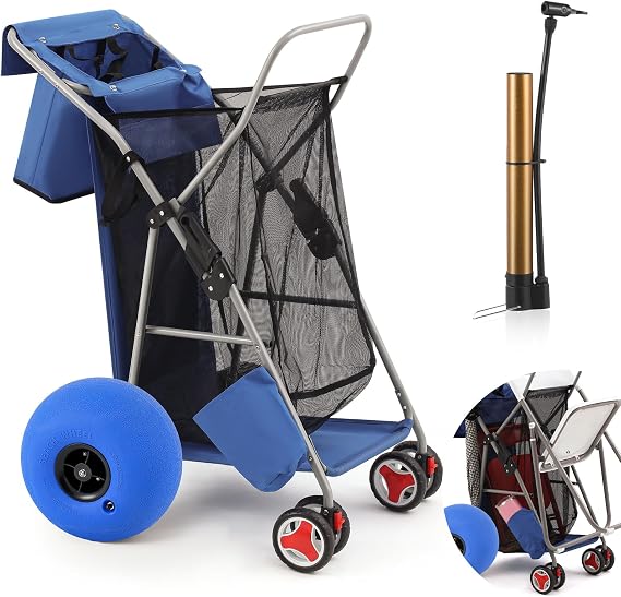 DoubleFill Beach Cart with 12'' Balloon Wheels for Sand,Blue,Classic