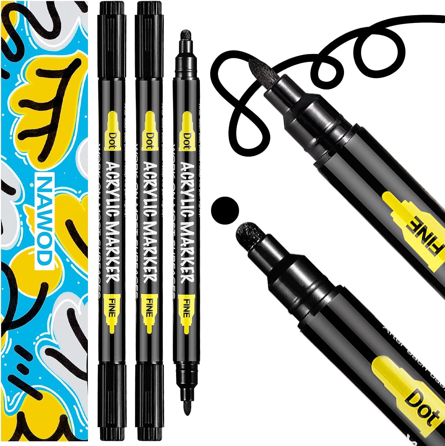 NAWOD 3 Black Acrylic Paint Pens, Acrylic Paint Markers Dual Tip Fine 1mm  Dot 5mm, Acrylic Permanent Markers for Rock, Fabric, Canvas, Ceramic, Glass, Wood, Paper, Labeling, Drawing, DIY Crafts
