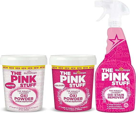 Stardrops - The Pink Stuff - The Miracle Laundry Stain Removing Kit - Oxi Powder Whites - Oxi Colors - Oxi Stain Spray (1 White's Powder, 1 Color's Powder, 1 Stain Remover), 3 Piece Set (PSLWCS)