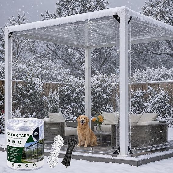 Şeffaf halkalı branda, PVC su geçirmez, yırtılmaya dayanıklı koruyucu kapak, dış mekan teras, çardak, sera, bahçe mobilyaları, 450 g/m² (boyut: 2,1 x 4,3 m)