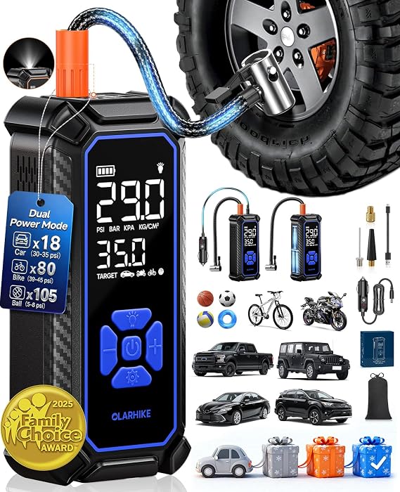 OlarHike Tire Inflator Portable Air Compressor,Dual Power-3*2000mAh &12V DC