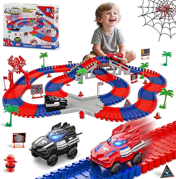 Spider Race Track Toys for Boys 4-6 - Monster Truck Toys for 3 4 5 6 7 8 Year Old Boys Girls, Toddler Tracks Playset with 2 Electric Spider Cars, Kids Christmas Birthday Gifts Age 3-4 3-5 6-8 (212PCS)