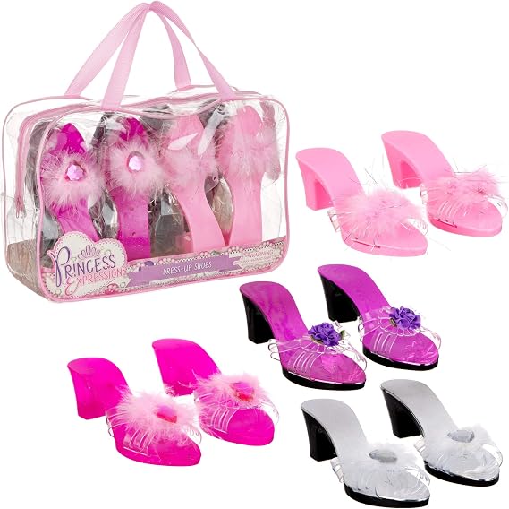 Expressions Toddler Girls Kids 4 Pack Dress Up Royalty Shoes with Heels Set in Carrying Bag - Fits Toddler Shoe Size 7-10 | Princess Pretend Play for Toddlers & Girls. Fits Toddler Shoe Size 7-10. Fun Kids Dress Up Gift Sets