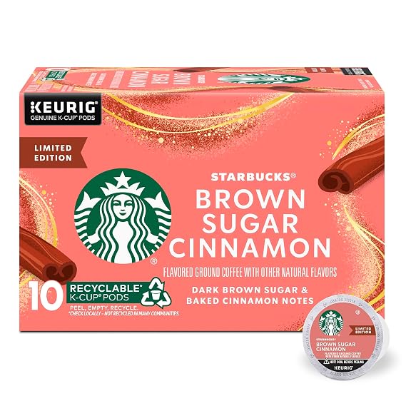 Starbucks K-Cup Coffee Pods, Flavored Hot or Iced Coffee, Brown Sugar Cinnamon, 10 Keurig Pods