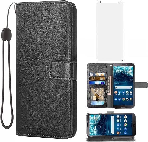 Compatible with Nokia C100 4G LTE N152DL Wallet Case Tempered Glass Screen Protector and Leather Flip Card Holder Stand Cell Accessories Phone Cover for C 100 100C 5.45 2022 TA1484 Women Men Black