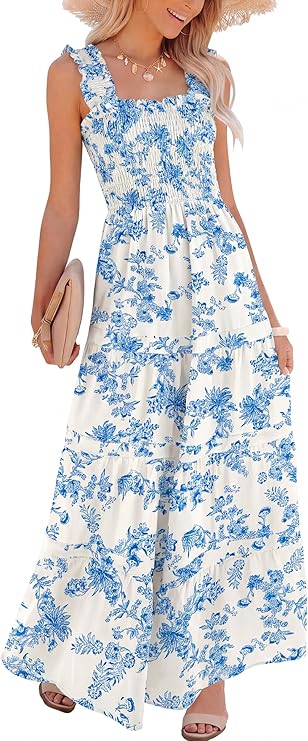 Caracilia Womens Summer Maxi Dresses Floral Smocked Boho Sundress