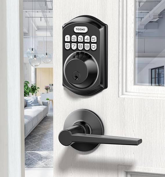 TEEHO TE001L Keyless Entry Door Lock with 2 Handles - Electronic Keypad Deadbolt with Door Lever, Front Door Handle Sets, Auto Lock, Easy Installation, Matte Black