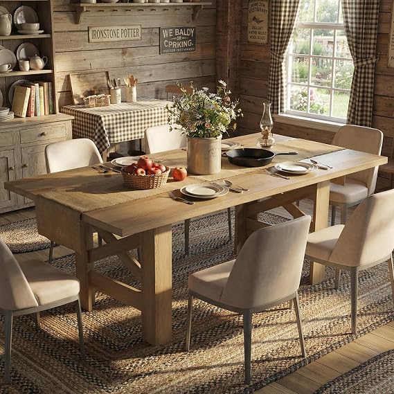 IDEALHOUSE 71" Long Dining Table for 6-8, Farmhouse Wooden Barn Kitchen Table for 6, Triangular Legs, Large Dining Room Table w/Thickened Tabletop, Sturdy Frame, for Dinner, Kitchen, Office, Natural