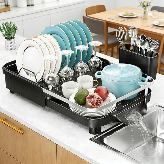PurKeep Dish Drainer Rack, Expandable Dish Rack with Utensil Holder