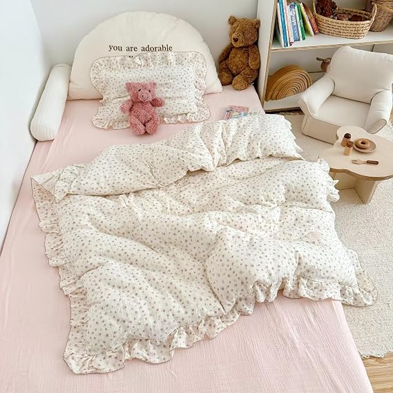 BuLuTu Muslin Cotton Pink Floral Print Duvet Cover for Toddler Girls Kids Comforter Cover for Toddler Bed/Crib Duvet Cover with Ruffles, 47"x59", No Pillow Cases