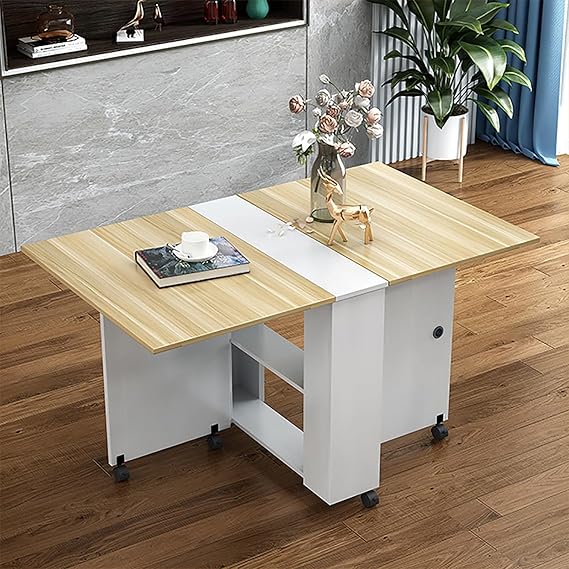 Folding Table Folding Dining Table Drop Leaf Table with 6 Wheels, Kitchen Table with 2-Layer Storage Shelves, Multifunctional Extension Space Saving Dinner Table for Bedroom Dining Roo