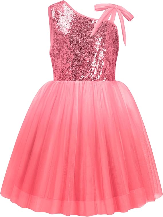 LQSZ Sequin Dress for Girls,Tutu One Shoulder Summer Dresses,Sparkly Dress for 3-12 Years