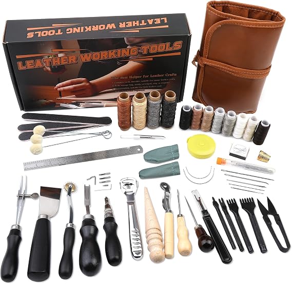 BUTUZE Leather Tooling Kit, Practical Leather Working Tools with Beveler, Groover, Stitching Punch Sewing Thread and Needles -  with Roll Bag and Manual