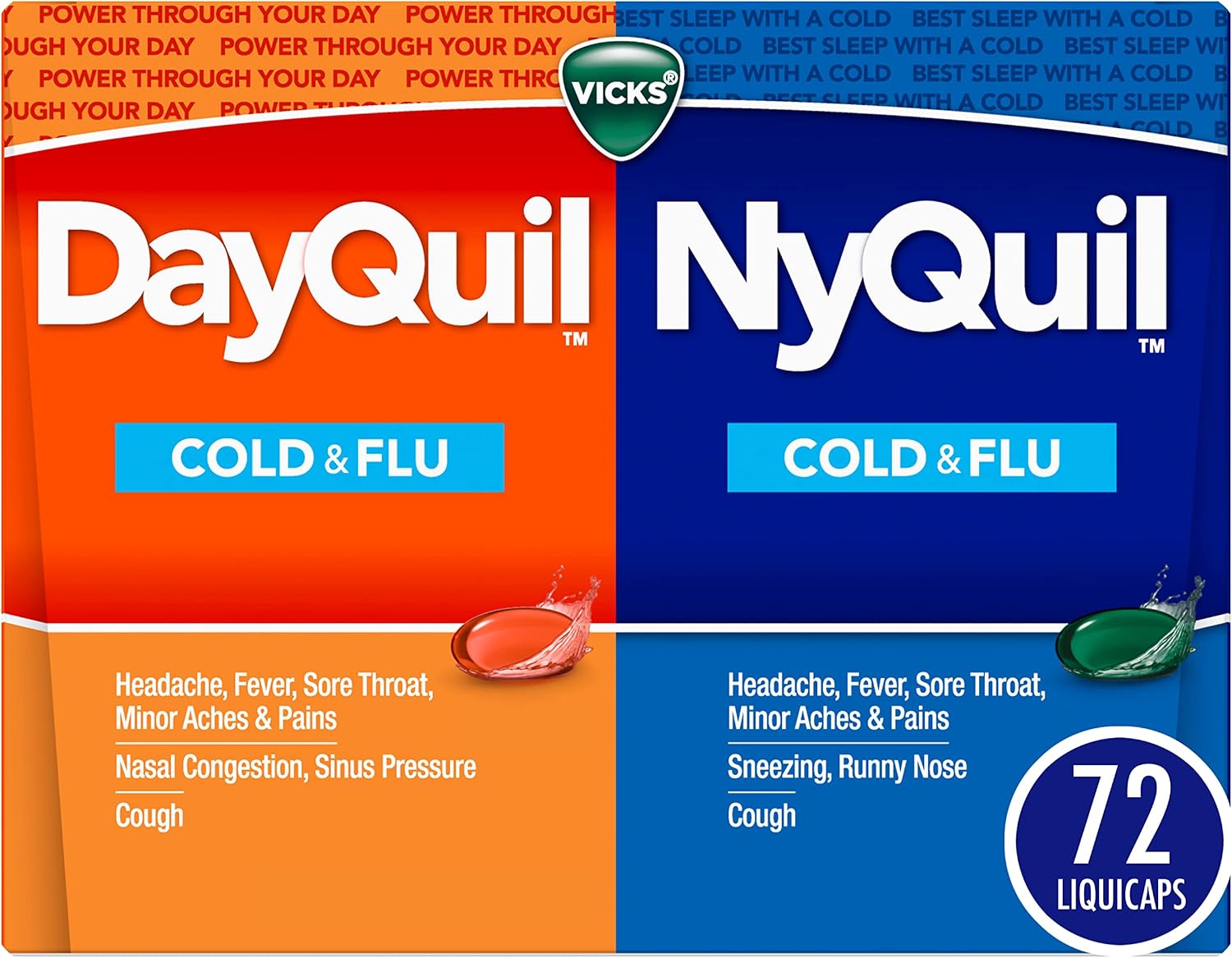 Vicks DayQuil & NyQuil Co-Pack, Cold & Flu Medicine, Powerful Multi-Symptom Daytime & Nighttime Relief for Headache, Fever, Sore Throat, Minor Aches & Pains, Cough, 72ct