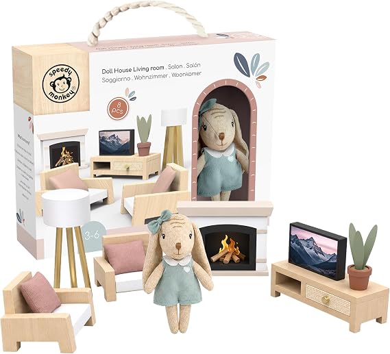 Cozy Kids Dollhouse Living Room Playset with Bunny Sofa & TV | miniature FSC sofa, TV, cozy living room, doll house accessories, kids pretend play, toddler girl toys, imaginative decor