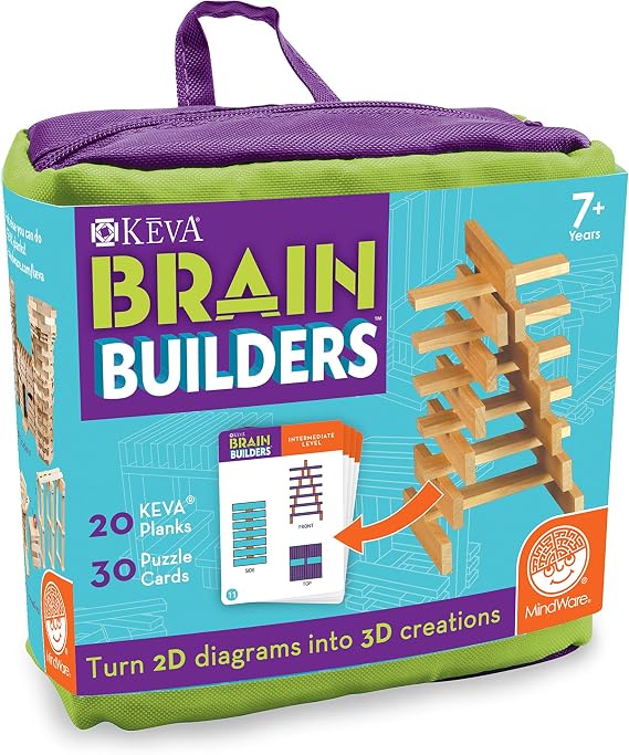 MindWare KEVA Brainbuilders - 3D brain building STEM challenges for boys & girls - Try to build the image - Practice spatial thinking - 20 planks & 30 puzzles
