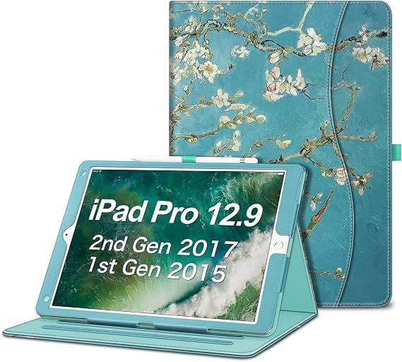 Fintie Folio Stand Case for iPad Pro 12.9" (2015/2017 Model, 1st/2nd Gen) | [Corner Protection], Folio Stand Cover, Pencil Holder & Pocket, Auto Wake/Sleep, Blossom