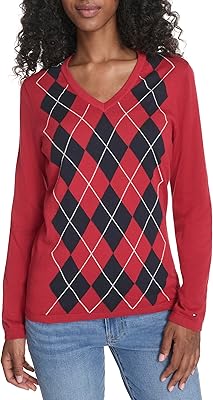 Tommy Hilfiger Womens Long Sleeve Cotton Argyle V-Neck Sweater