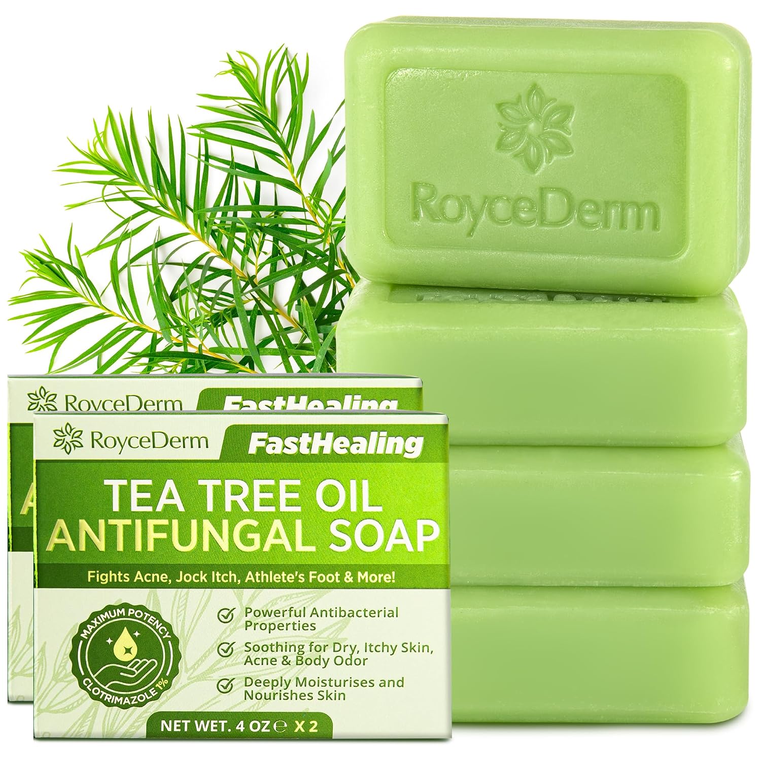 Roycederm Tea Tree Soap for Face & Body Acne, Athletes Foot, Tinea, Folliculitis Ringworm Jock Itch - Pack of 2