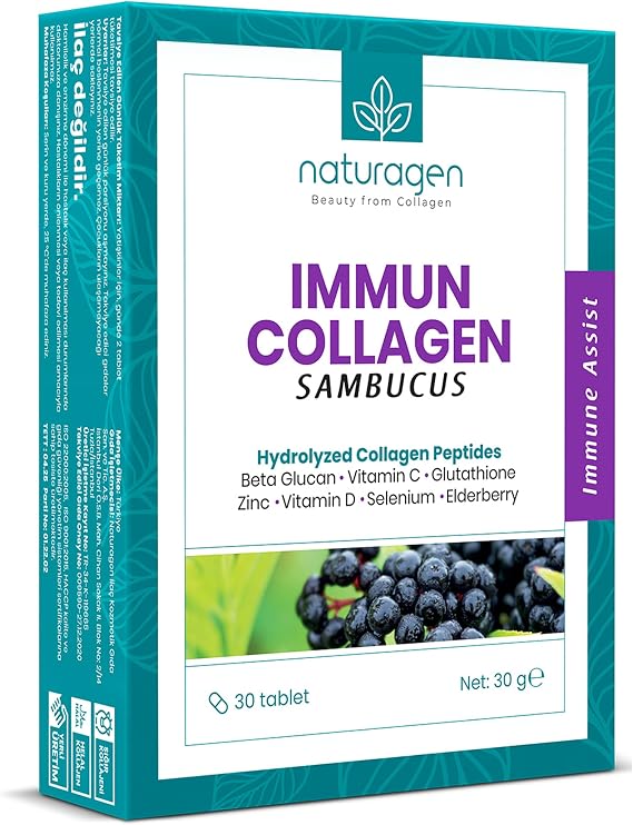 Naturagen Immun Collagen 30 Tablet Bağışıklık Güçlendirici Hidrolize Kolajen Peptitleri Tip 1 3 + B. Glukan + Vitamin A B6 B12 C D E + Glutatyon + Çinko Takviyesi (30 Tablet, Sambucus(Karamürver))