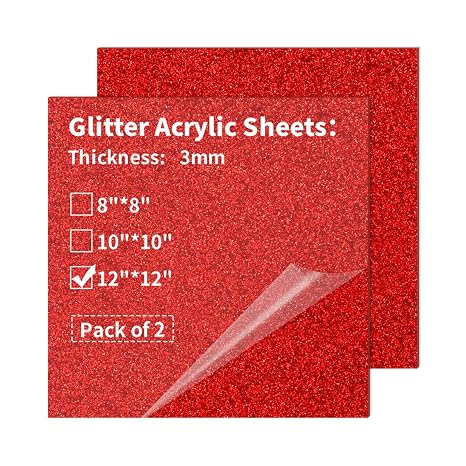 Glitter Acrylic Sheets 12 x 12 inch 1/8" Thick - 2 Pack Plexiglass Acrylic Panels Cast Blanks for Creative DIY Projects Laser Tags Cutting Engraving UV Printed Signs, Red