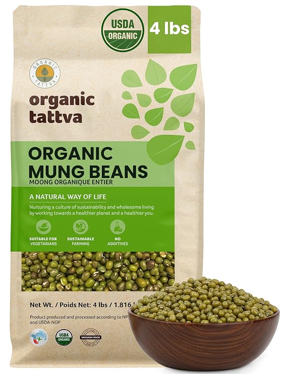 Organic Tattva Whole Mung Beans, Pure Moong Dal, 4 lbs, Green Lentils, Dry | USDA Certified, High Plant Based Protein, Natural, Vegan, Kosher, No Additives, Ideal for Soups, Curries, Salads & Stews