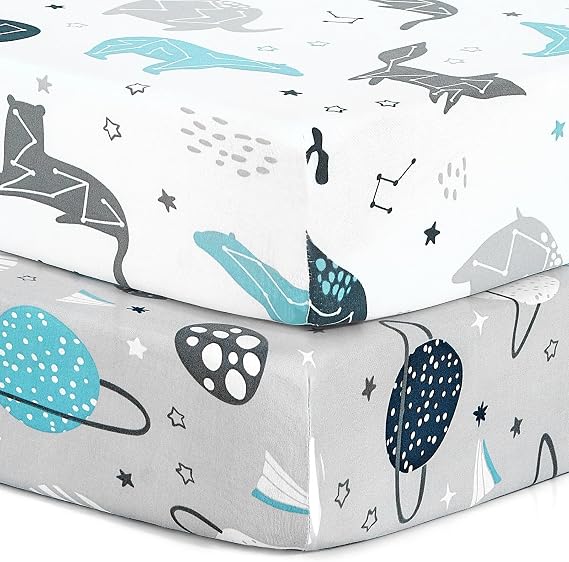 Pack n Play Stretchy Fitted Playard Sheet Set BROLEX 2 Pack Portable Mini Crib Sheets,Convertible Playard Mattress Cover,Ultra Soft Material,Space Planet