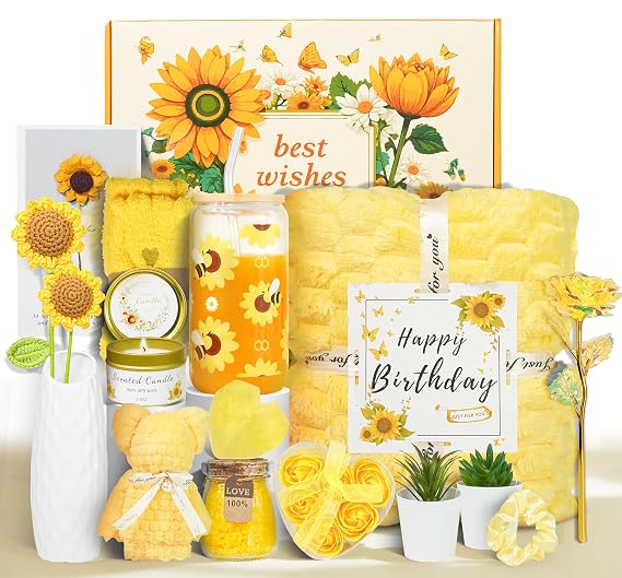 Mother's Day Gifts for Mom, 17pcs Relaxing Spa Gifts Set for Girls, Sisters, Mom, Sunflower Self-Care Package, Sending Sunshine Get Well Gifts for Women, Perfect Basket for Birthday & Mother's Day