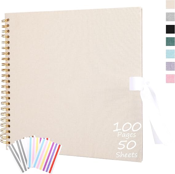 DIY Scrapbook Album, 1212 in Linen Cover Photo Album with 100 White Blank Pages, Beige Scrapbook Supplies, Memory Book for Baby Wedding Party Graduation Travel