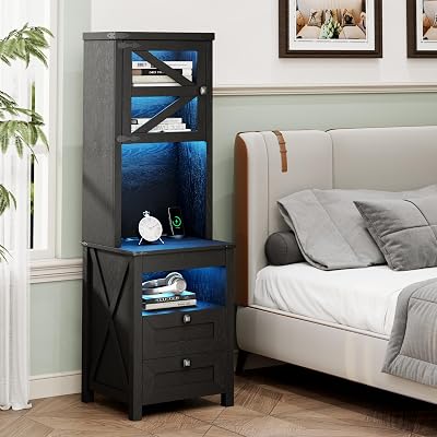 FREDEES Black Night Stand with Charer Station, Bedside Table with 3 Drawers & Adjustable Shelves, LED Nightstand with Gun Drawer, Farmhouse End Table for Bedroom