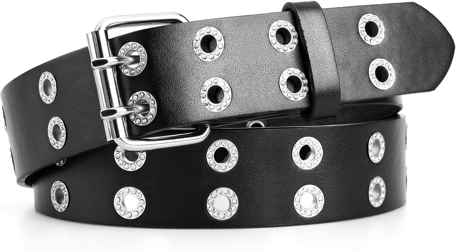 maikun Grommet Leather Belts for Men, Mens Black Studded Belt, Womens Punk Accessories
