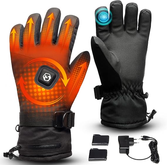 Foxelli Heated Gloves for Men & Women - 3 Heat Settings, Touchscreen Compatible, Rechargeable Waterproof Electric Gloves for Winter Outdoor Sports