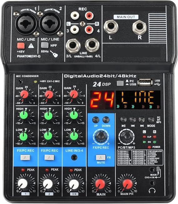 Audio Mixer, 4 Channel Sound Mixer Function 24 Effects USB Computer Record Play Live Broadcast Mixing Console