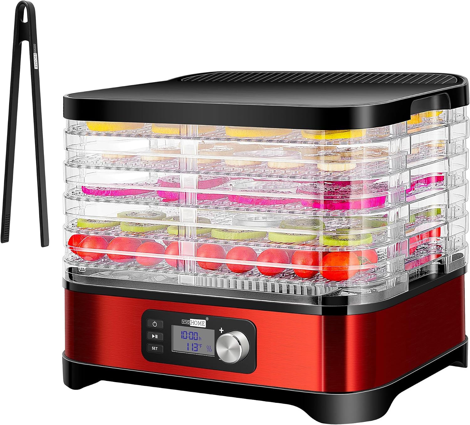 VIVOHOME Food Dehydrator Machine, 5 Trays Meat Hydrator with 48H Digital Timer and Temperature Adjustable 95-176℉ for Fruit Vegetable Beef Jerky Maker, BPA Free, Silicone Trivet Tong Included, Red