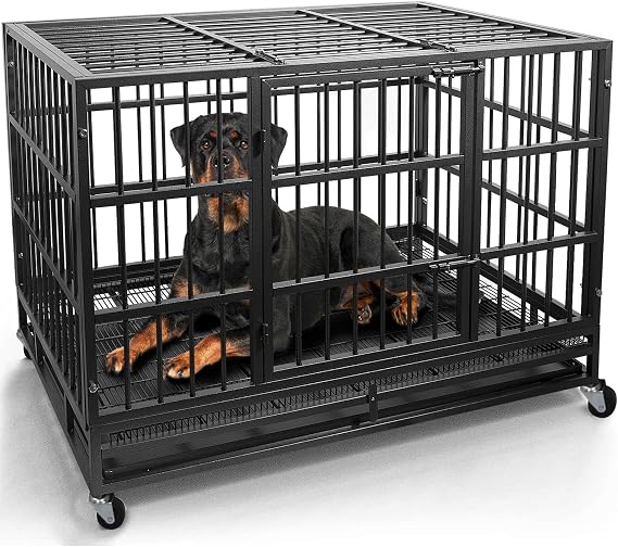 Otaid 48 inch Heavy Duty Indestructible Dog Crate, Escape Proof Dog Crate for High Anxiety Dogs, Dog Cage Kennel with Wheels, Sturdy Locks Design, Double Door and Removable Tray